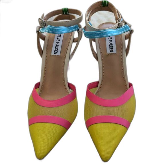 NWOT Steve Madden AFORD Yellow Multicolor Mesh Toe Stiletto Ankle Strap Heel, 7 - Picture 12 of 15